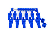 Blue playing figures and scoreboard for HeBlad table football game