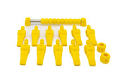 Yellow playing figures and scoreboard for HeBlad table football game
