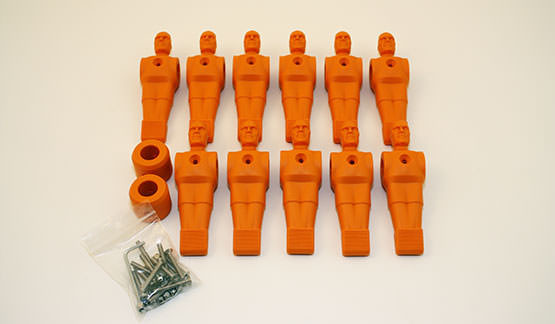 Complete set of 11 orange football players for table football game with 16 mm rods 